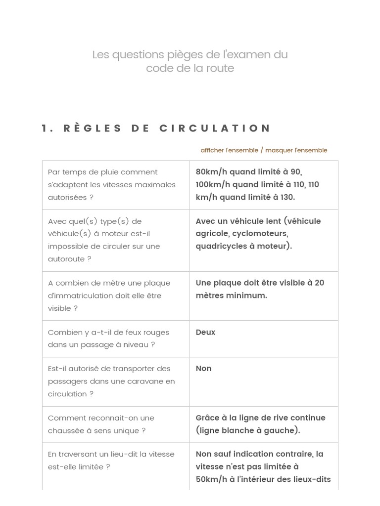 Questions pièges du code de la route PDF Pneumatique (véhicule) Frein — free download