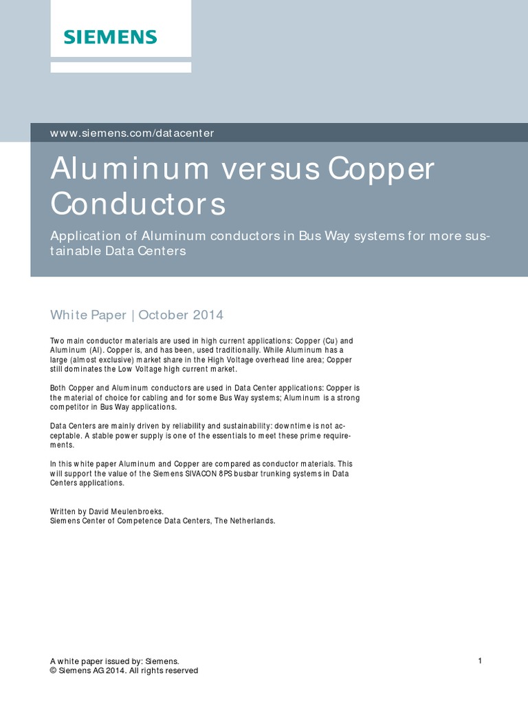 Siemens Data Center Whitepaper Aluminium Versus Copper PDF Electrical Conductor Electrical