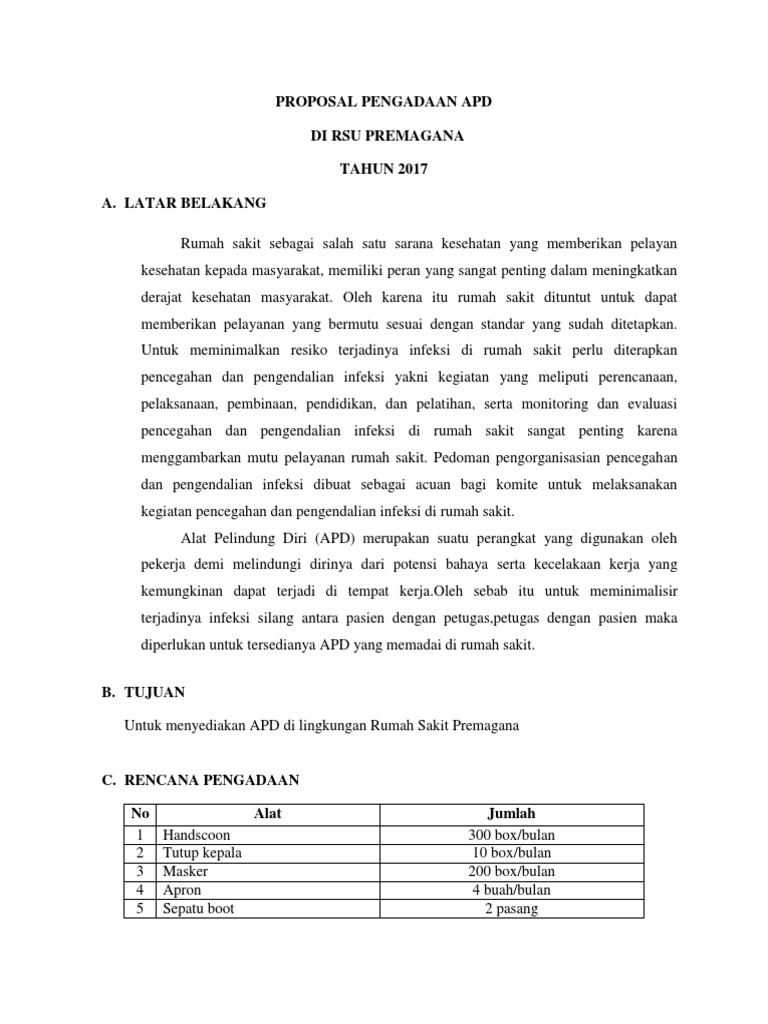 Proposal Pengadaan Apd Di Rsu Premagana TAHUN 2017 A 