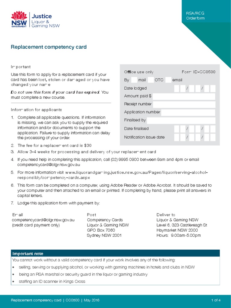 NSW Replacement RSA/RCG Card Form | PDF | Cheque | Payments
