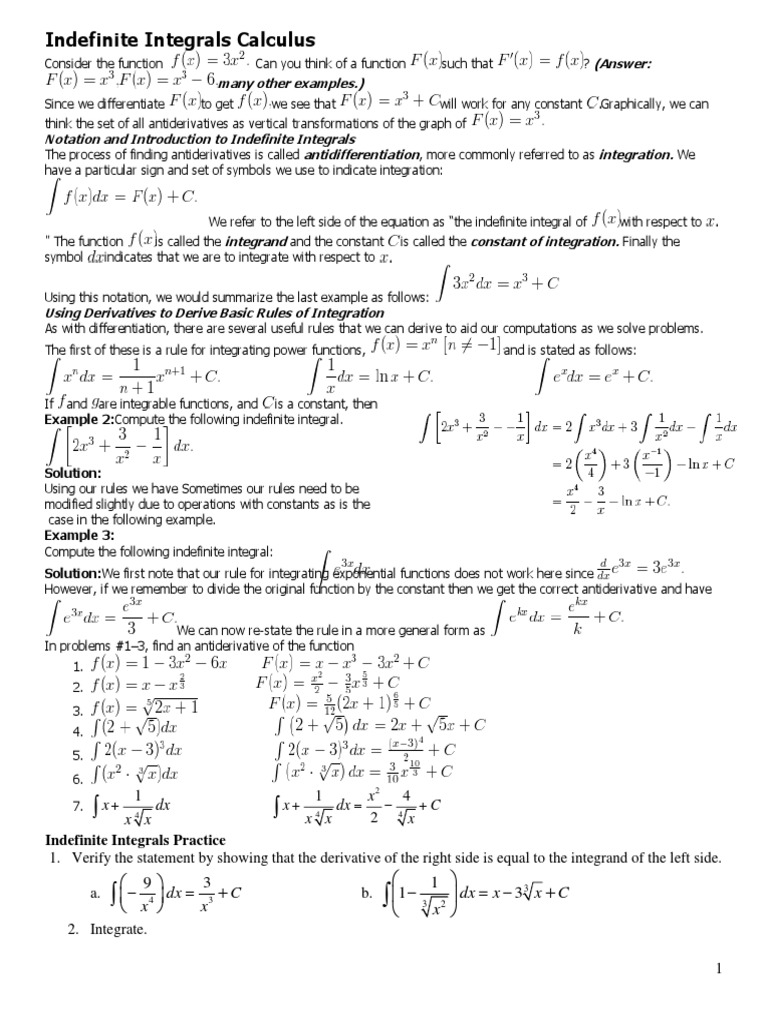 Indefinite Integrals Practice Worksheet | PDF | Integral | Calculus