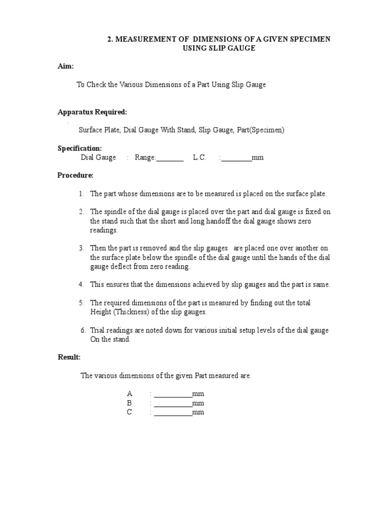 Measurement of Dimensions of A Given Specimen Using Slip Gauge Aim PDF