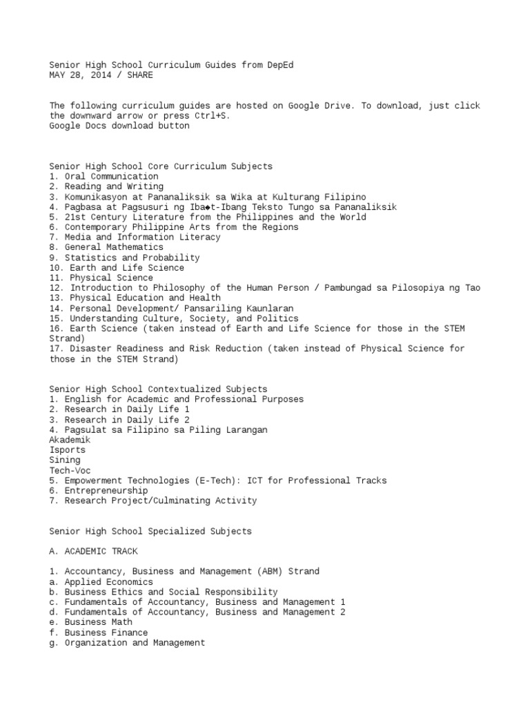 Senior High Curriculum Guide Social Sciences Humanities