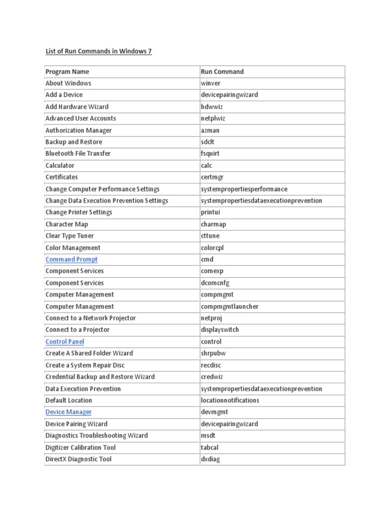 List of Run Commands in Windows 7 Program Name Run Command