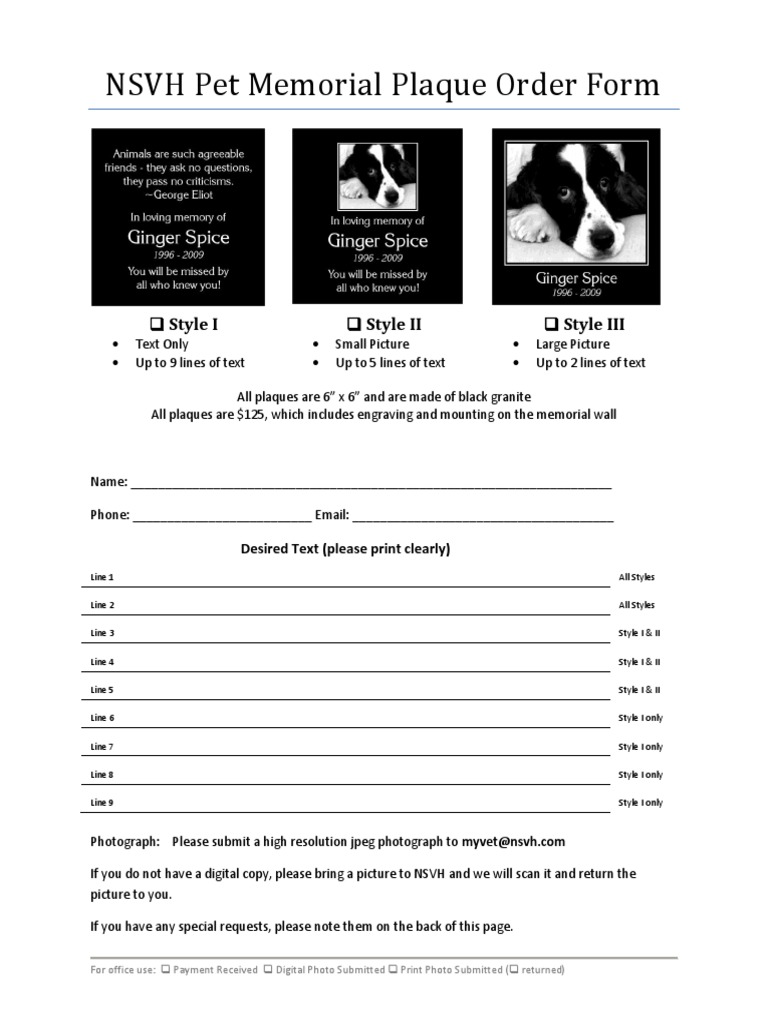 Memorial Plaque Order Form PDF