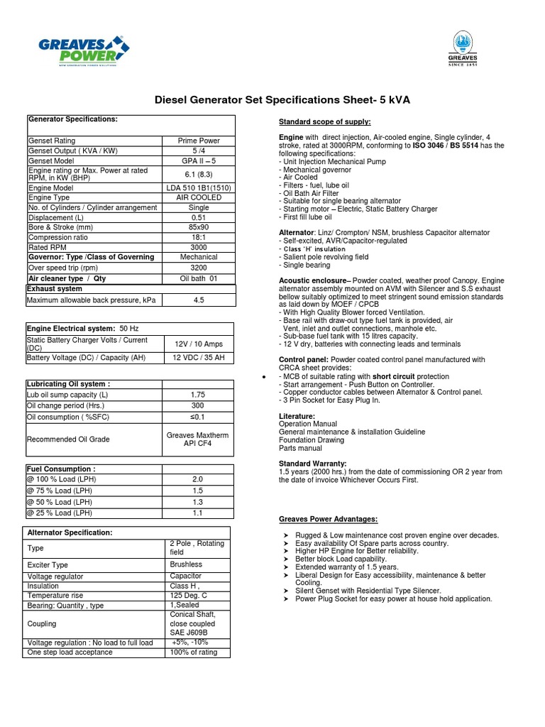 Diesel Generator Set Specifications Sheet5 kVA Engines Diesel Engine