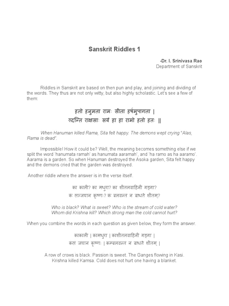 Sanskrit Riddles 1: When Hanuman Killed Rama, Sita Felt Happy. The ...
