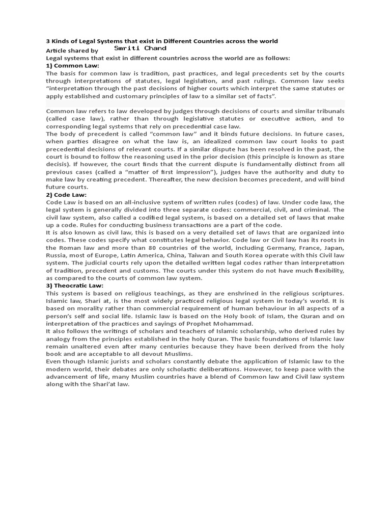 3 Kinds of Legal Systems That Exist in Different Countries Across the World Precedent Common Law
