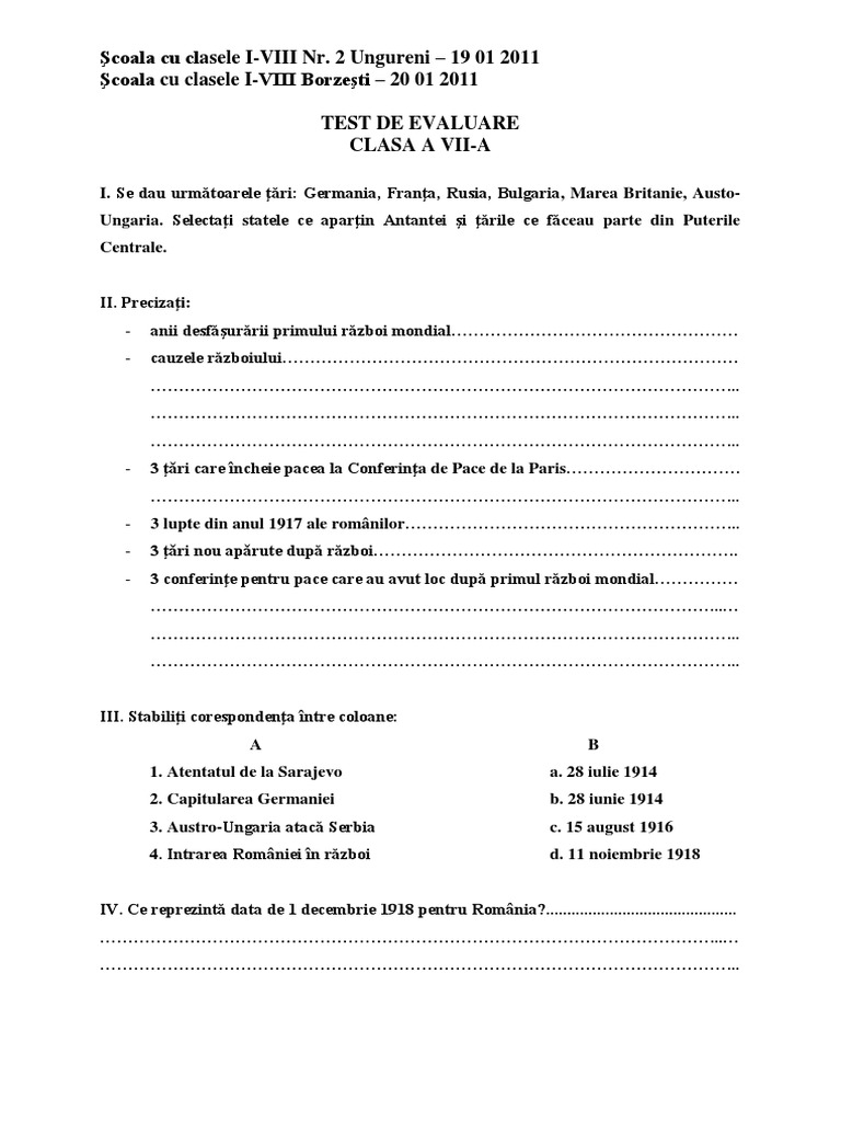 Test de Evaluare Clasa A 7 A | PDF