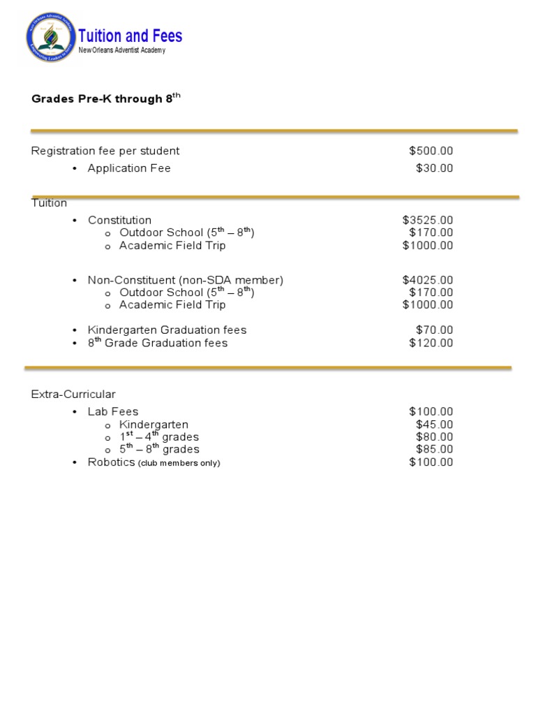 New Orleans Adventist Academy Fees | PDF