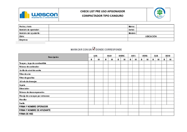 Check List Preoperacional de Apisonador o Compactador Tipo Canguro