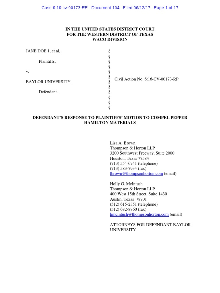 Jane Doe V Baylor Doc. No. 104 PDF AttorneyClient Privilege