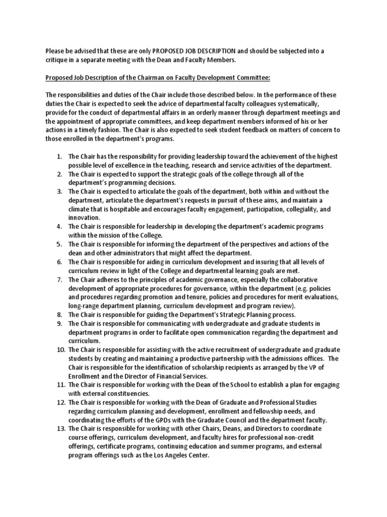 Duties and Responsibilities Chairman On Faculty Development Committee