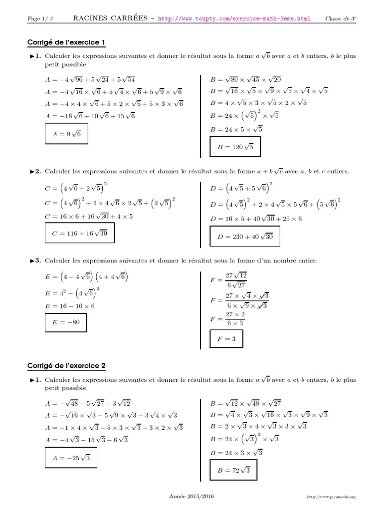Exercices Fractions 4ème Avec Corrigés Pdf Racine Carre 4 Corrige PDF | PDF | Mathématiques discrètes | Enseignement  des mathématiques