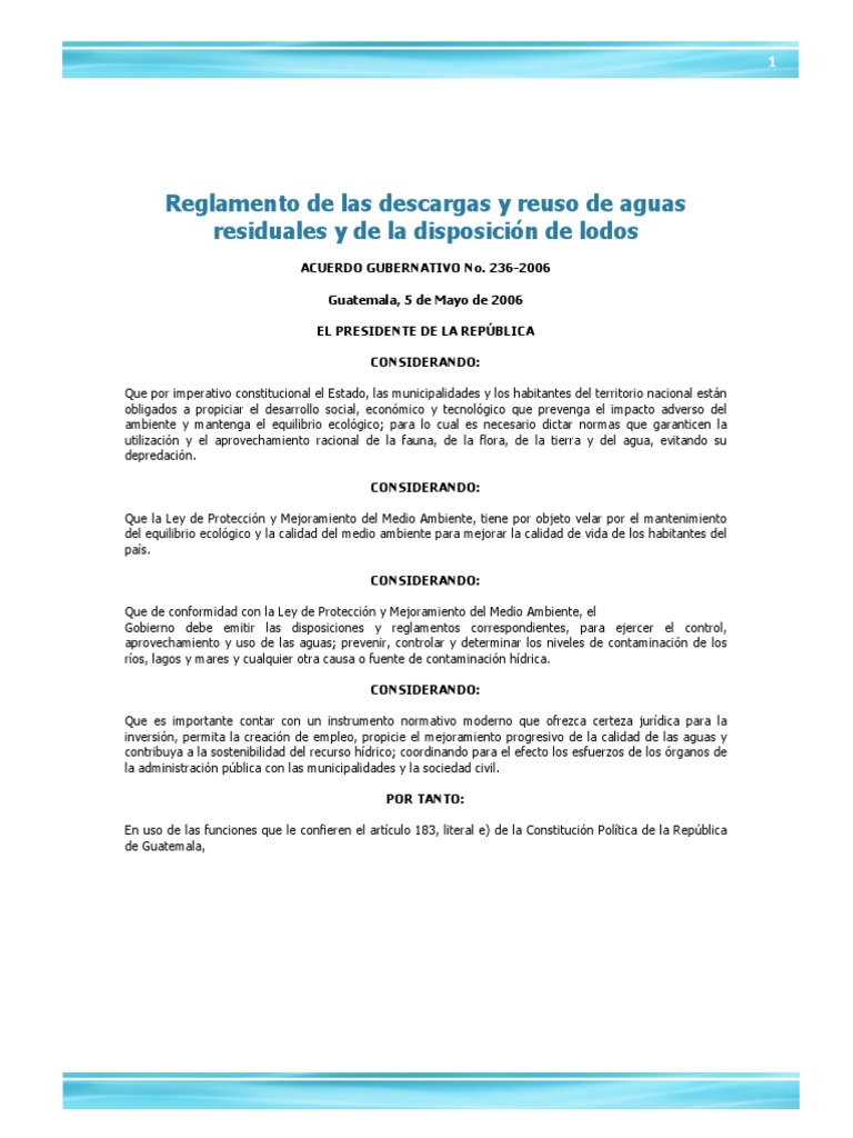 07 Acuerdo Gubernativo 236 2006 Reglamento Descargas y Reuso PDF | PDF ...