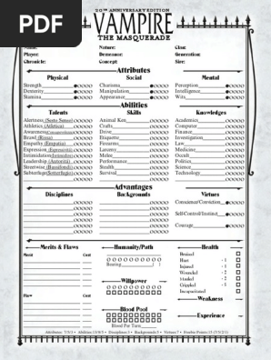 Vampire The Masquerade - 20th Anniversary Edition Character Sheet