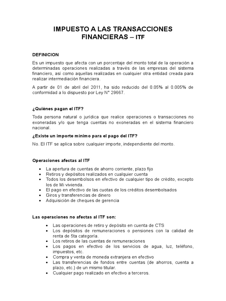Impuesto ITF: Definición y Aplicaciones | PDF | Cheque | Impuestos