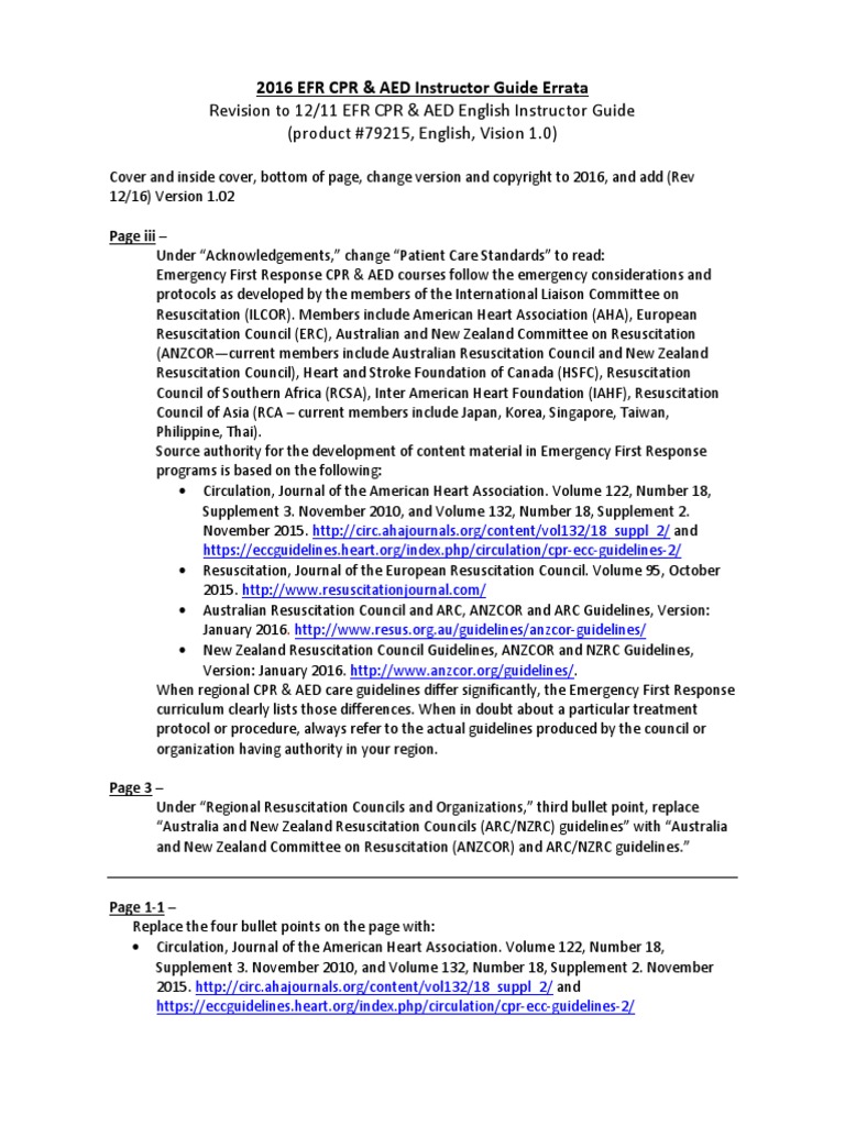 2016 EFR CPRAED Inst Guide Errata13Dec2016 | PDF | Cardiopulmonary ...