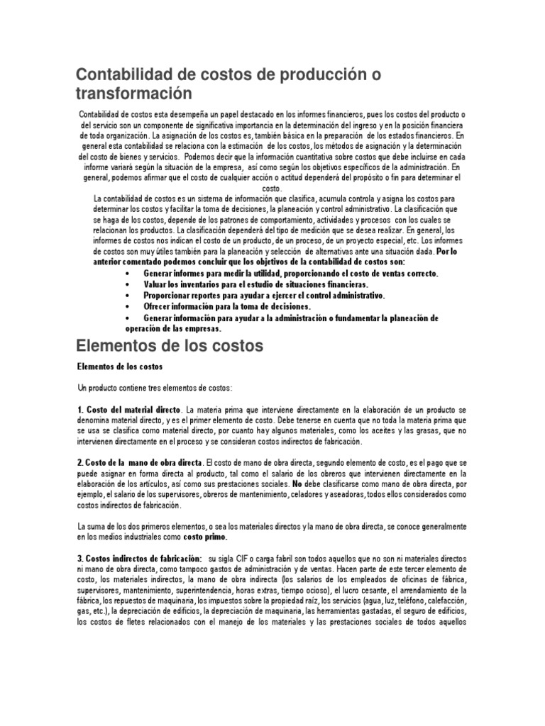Contabilidad de Costos de Producción o Transformación | PDF | Costo ...