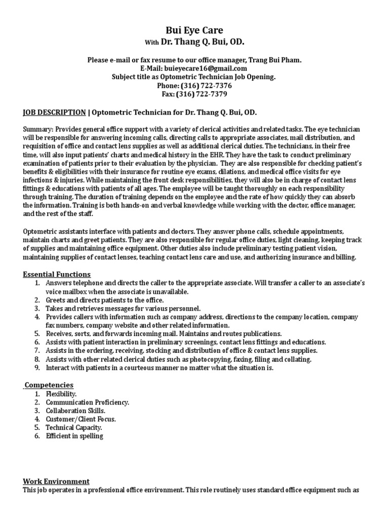 Optometric Technician Job Opening at Bui Eye Care | PDF | Optometry ...