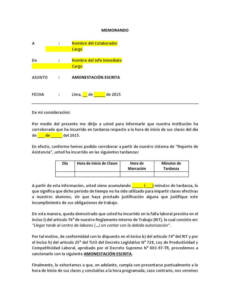 Modelo De Amonestación Escrita Tardanzas Gobierno Política