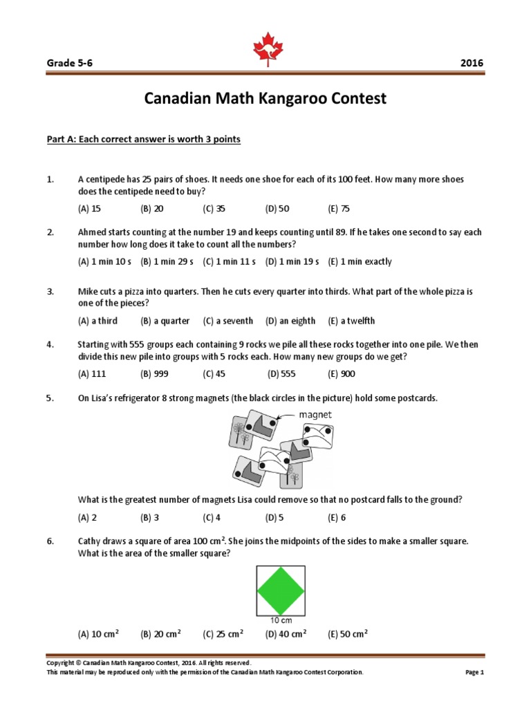 Canadian Math Kangaroo Contest Grade 56 2016 PDF Teaching Mathematics Science