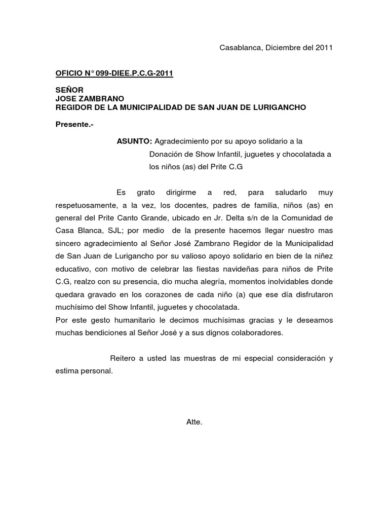 Carta de Agradecimiento de Donacion