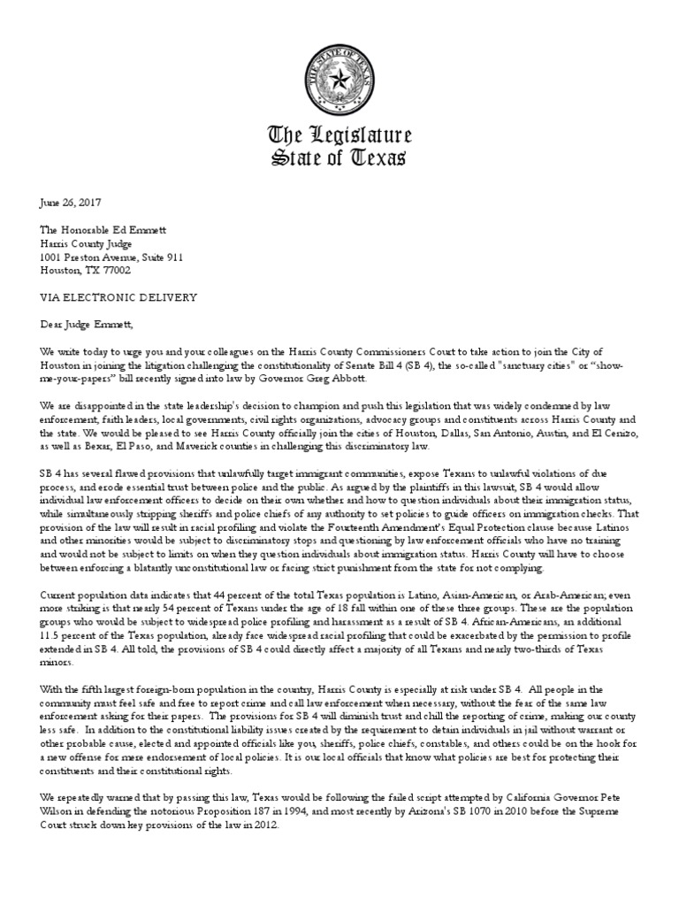 Group Letter To Harris County Commissioners Court SB 4 Lawsuit