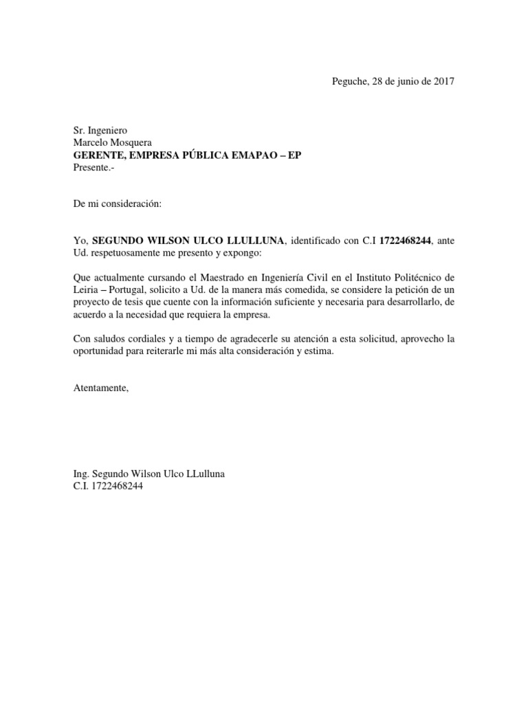 Carta Solicitud De Permiso Para Estudiantes De Termino Pdf Ingenieria Business
