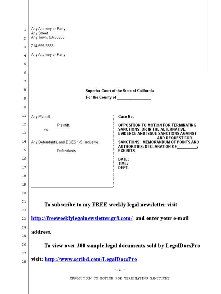 Sample Opposition to Motion for Terminating Sanctions in California