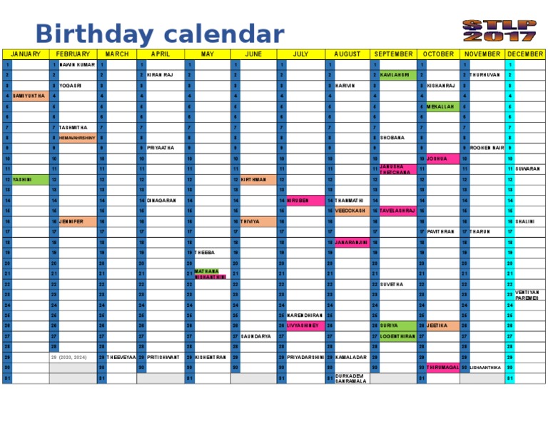 Birthday Calendar Landscape 1 Page PDF