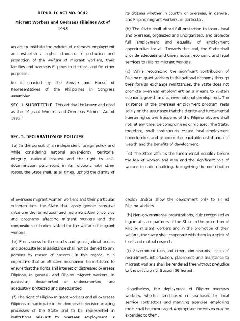 Republic Act No. 8042 | PDF | Migrant Worker | Employment
