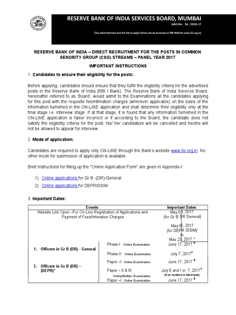 RBI Grade B Recruitment 2017 Details | PDF | Identity Document ...