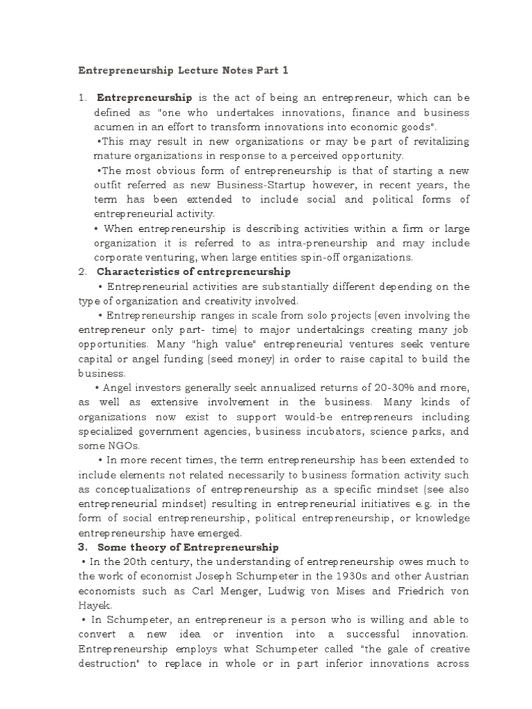 Entrepreneurship Lecture Notes Part 1 Pdf Austrian School