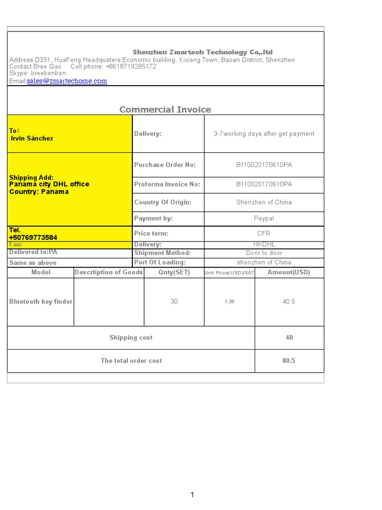 Shenzhen Zmartech Commercial Invoice | PDF