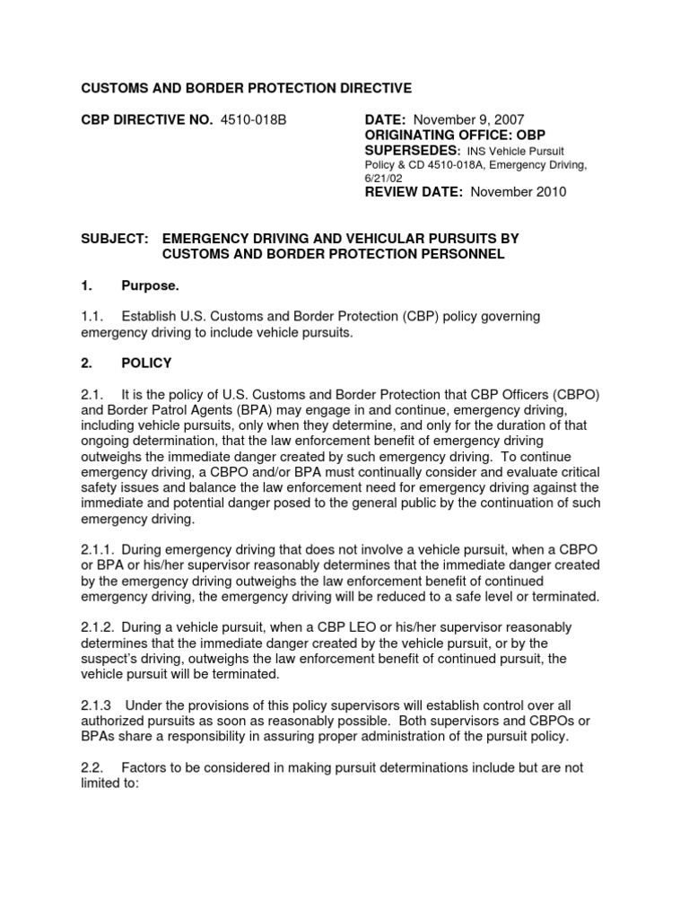 CBP Emergency Driving Policy Directive | PDF | U.S. Customs And Border ...