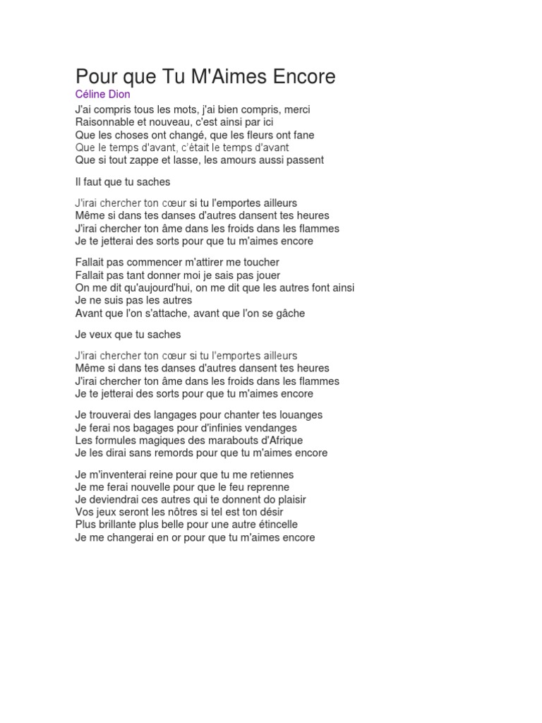 Pour Que Tu M Aimes Encore Celine Dion