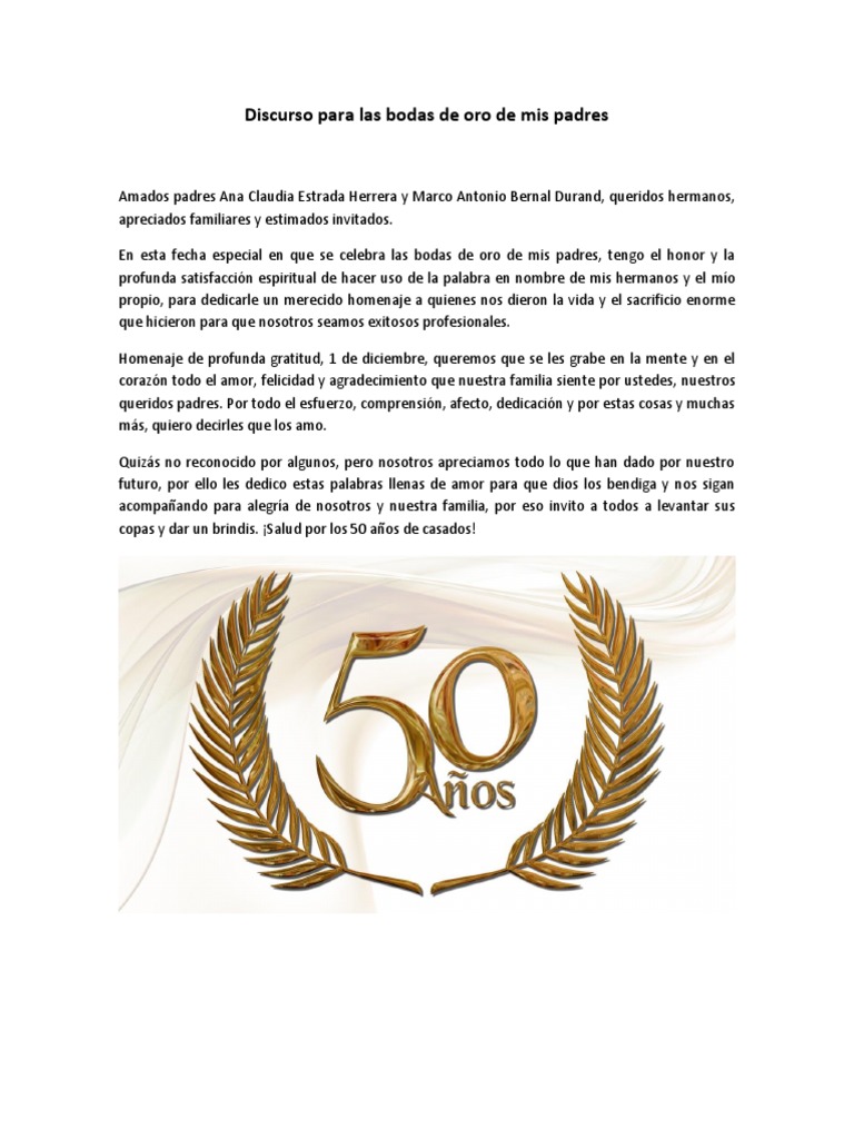 Discurso Para Las Bodas de Oro de Mis Padres