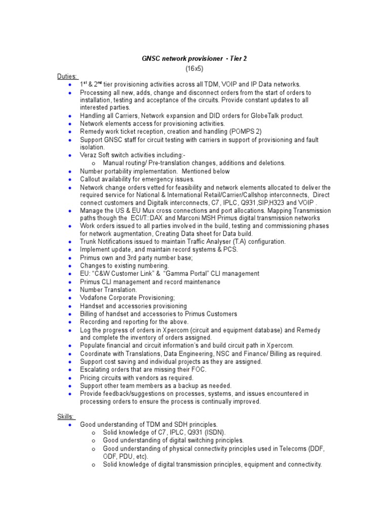 GNSC Tier 2 Network Provisioning Roles | PDF | Voice Over Ip | Computer ...