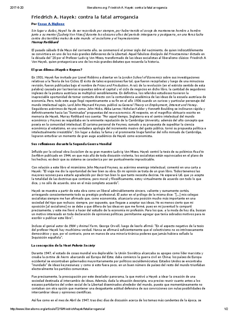 Friedrich A. Hayek contra la fatal arrogancia
