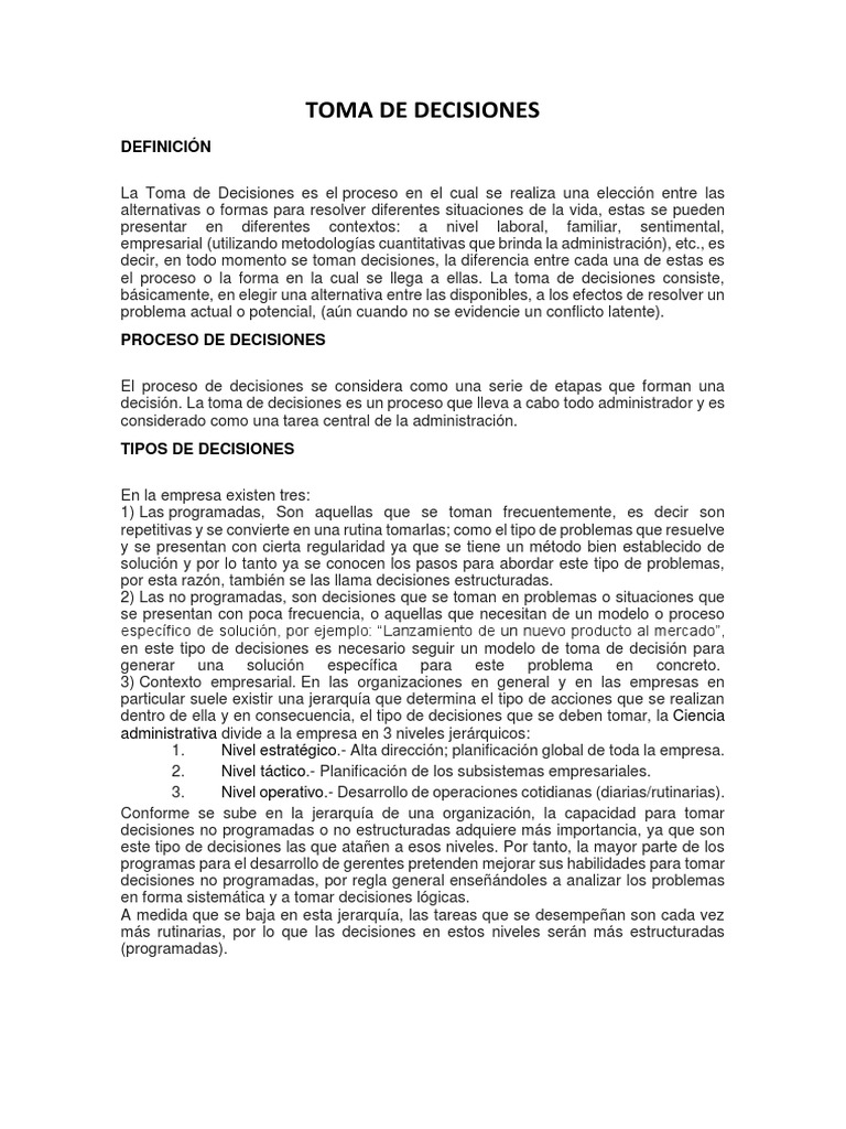 Proceso y Tipos de Toma de Decisiones | PDF | Toma de decisiones ...