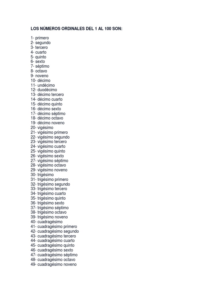 Números Ordinales Del 1 Al 100 Pdf 