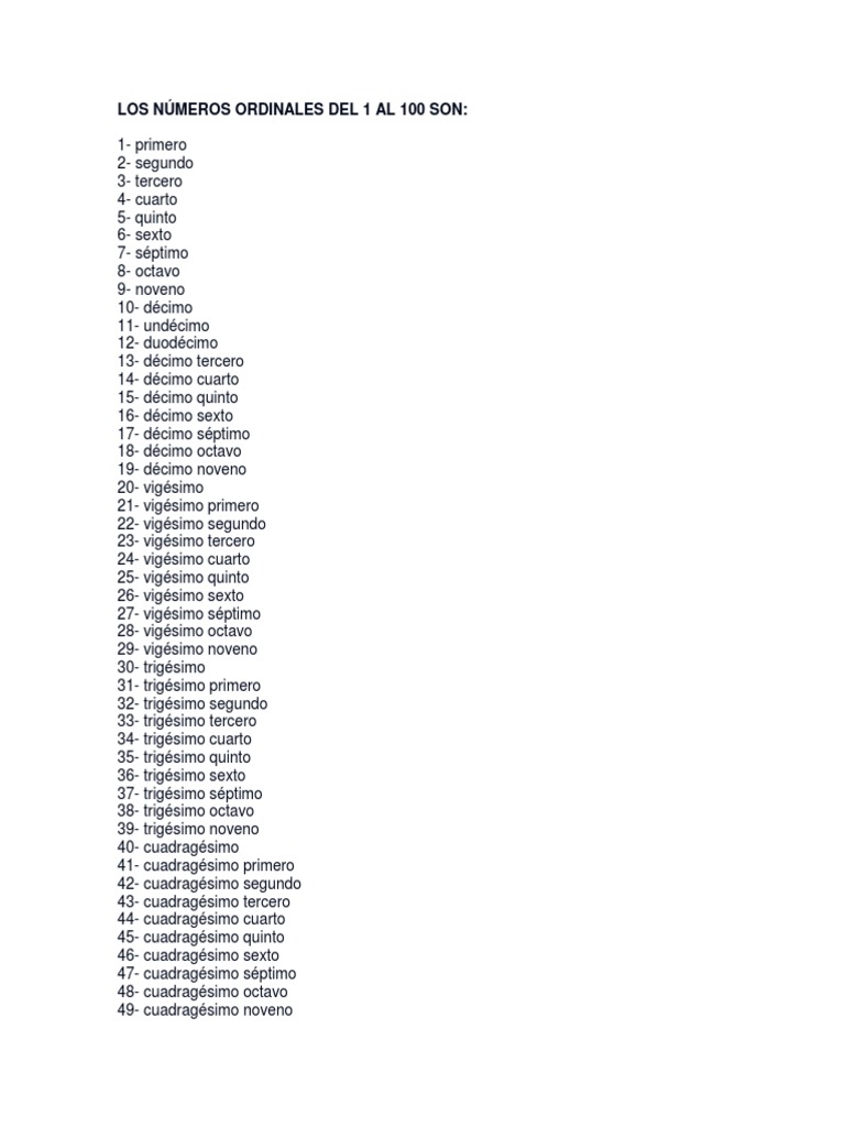 Los Números Ordinales Del 1 Al 100 Son