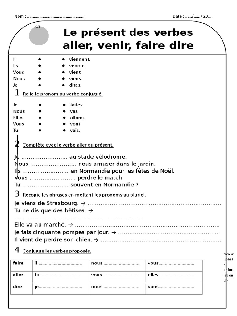 Exercice De Français 4ème à Imprimer Avec Correction Présent Des Verbes Aller Venir Faire Dire Ce1 Exercices À Imprimer | PDF