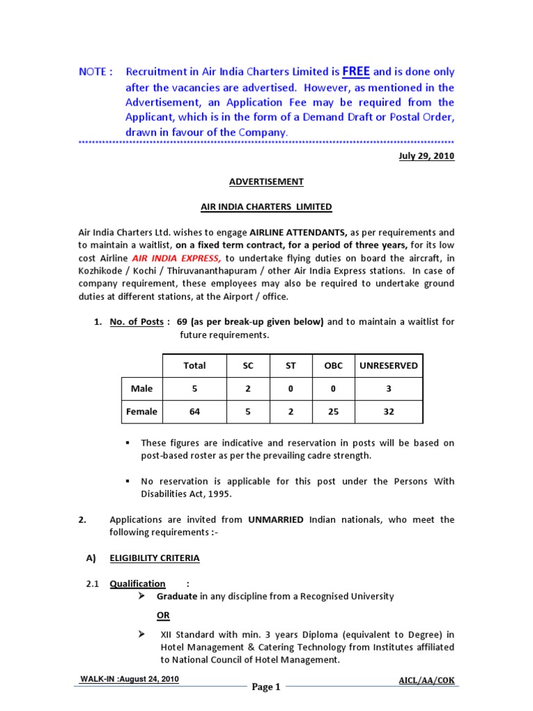 Air India Charters Airline Attendant Recruitment | PDF | Government ...