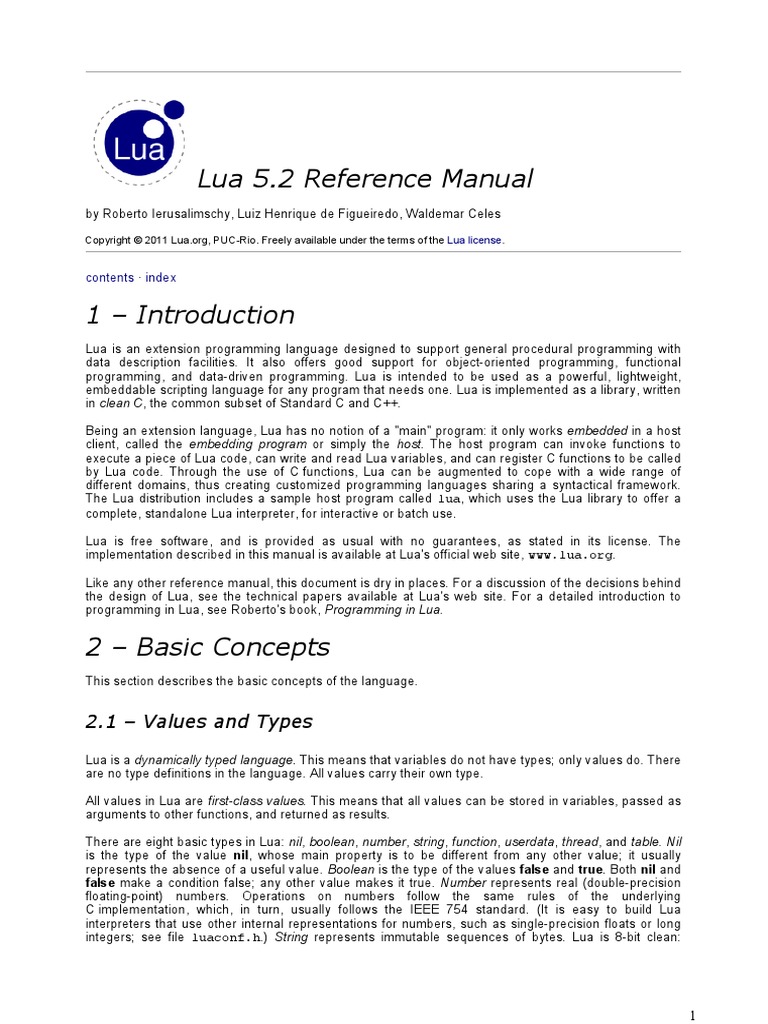 Lua 5.2 参考手册 (英文版) PDF | PDF | Control Flow | Data Type