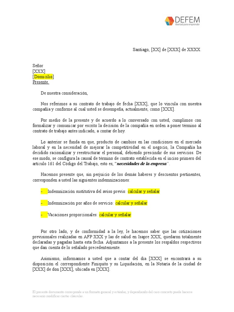 Carta de Despido Por Necesidades de La Empresa