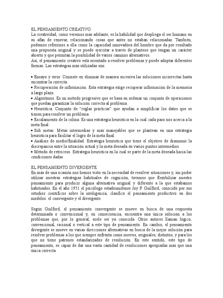 El Pensamiento Creativo PDF Creatividad Heurístico