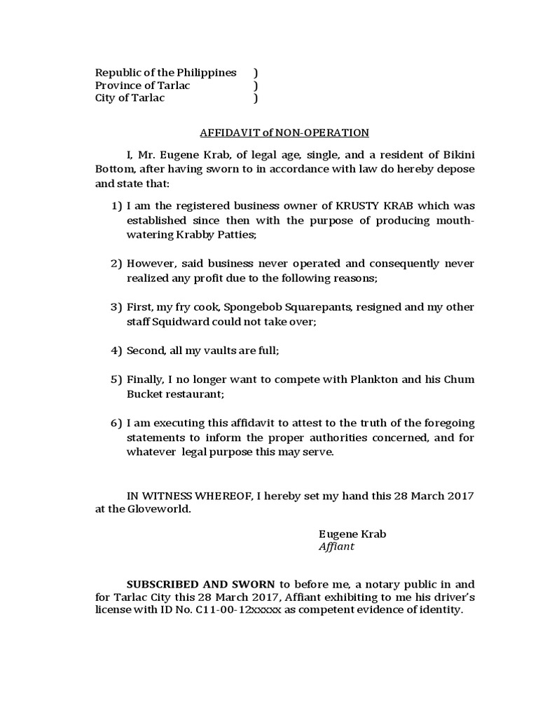 Affidavit of non operation pdf