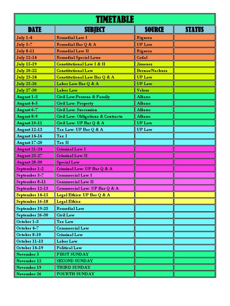 Timetable: Date Subject Source Status | PDF | Social Science | Law